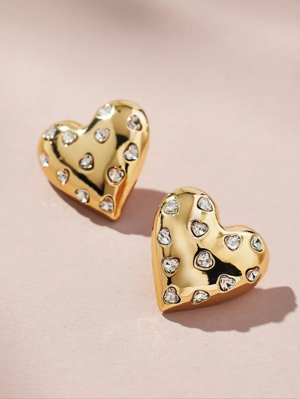 Gold Heart Crystal Stud Earrings - Elegant Women's Jewelry
